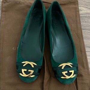 Gucci Suede Emerald Green Flats with Gold Accents